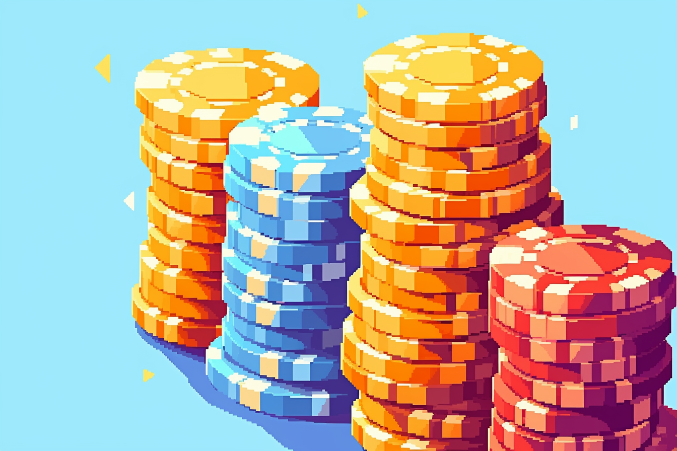 Tall stacks of colorful poker chips in pixel art