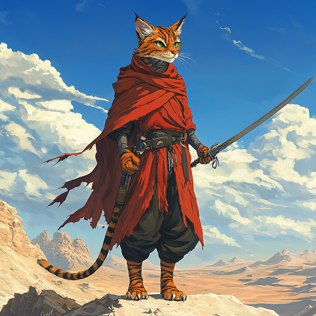 Tall tabaxi rogue with green eyes and rapier.