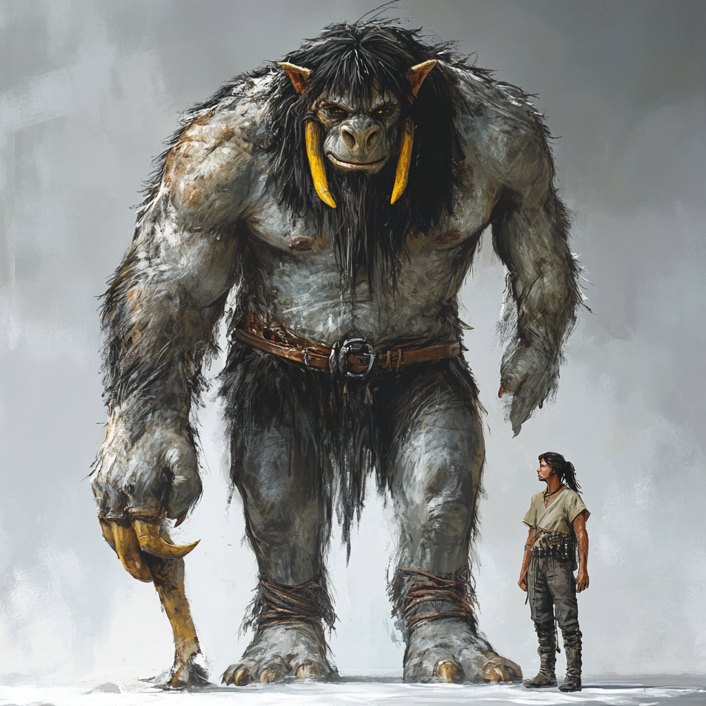 Tall troll with grey skin, black hair, and tusks.