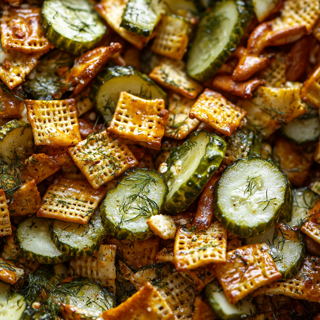 Tangy Dill Pickle Chex Mix Snack Closeup