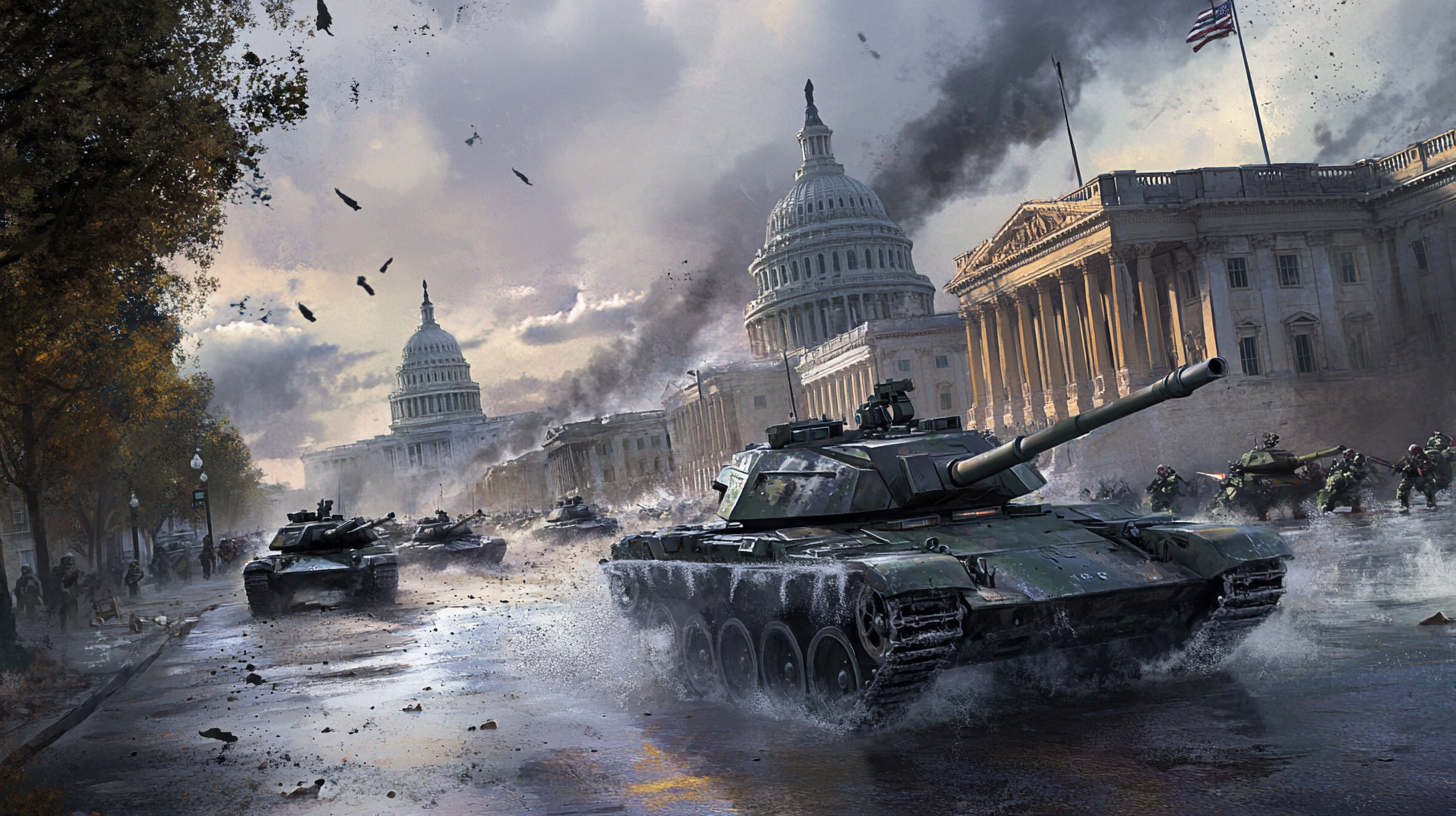 Tanks driving through Washington to the Broken Capitol.