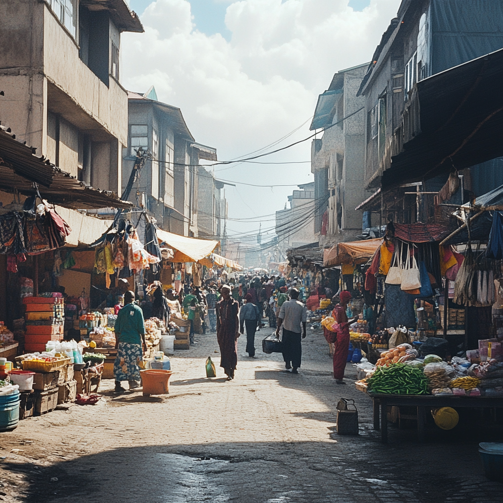 Tanzania Market Street with Busy Intersection People Shopping