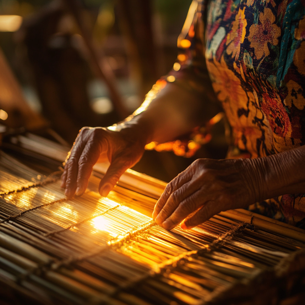 Taroko people weaving cloth, sunlight through bamboo house gaps.