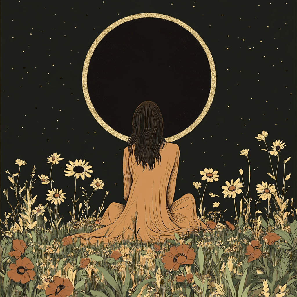 Tarot card: Woman in brown dress under black moon