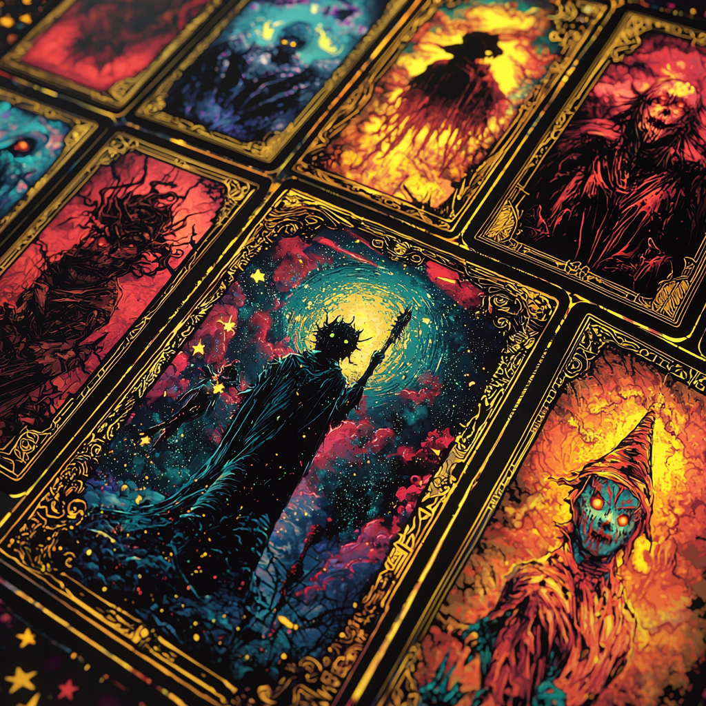 Tarot cards with horror movie characters in cosmic art.