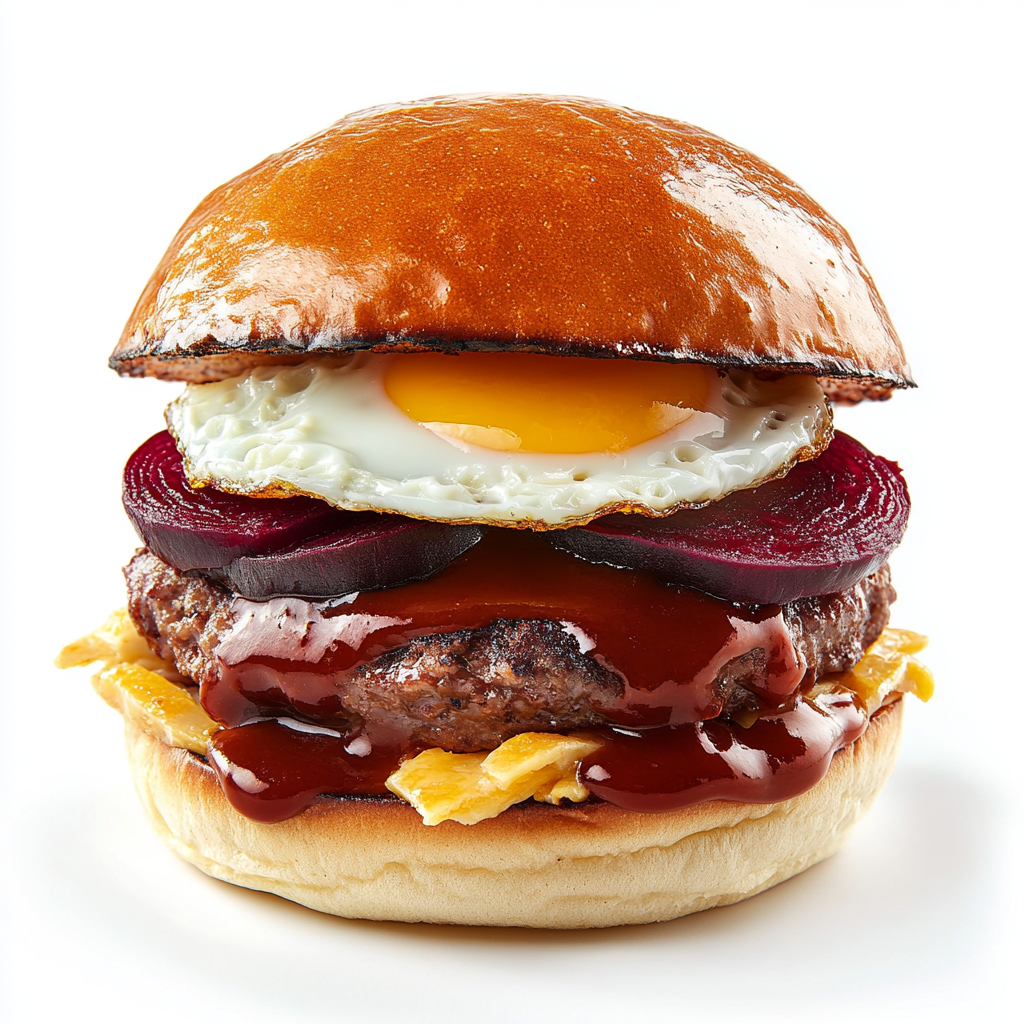 Tasty burger with beef patty, egg, cheese & BBQ