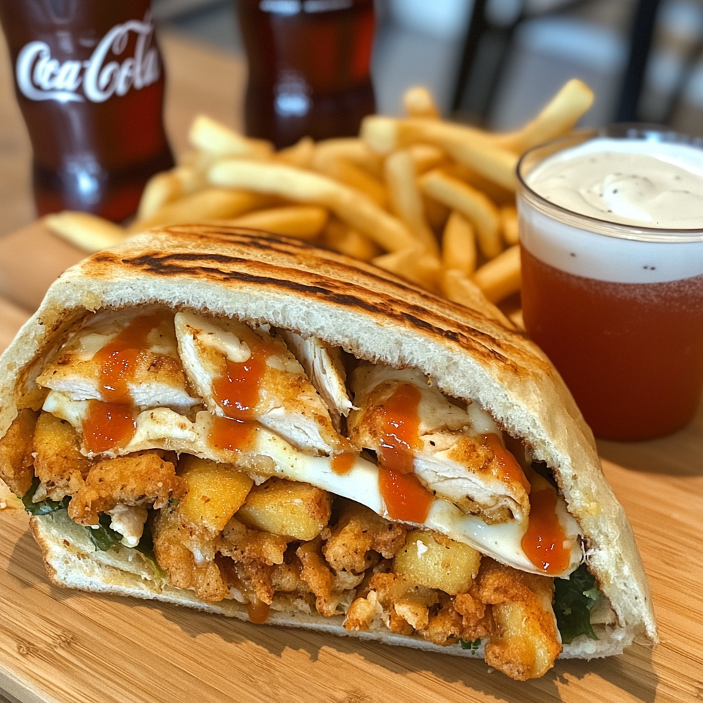 Tasty grilled chicken-filled sandwich with fries and Coke