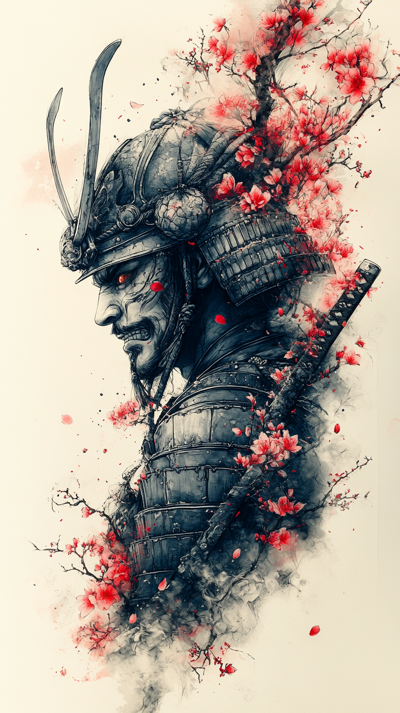 Tattoo Design: Samurai Hannya Mask with Katana & Cherry Blossoms