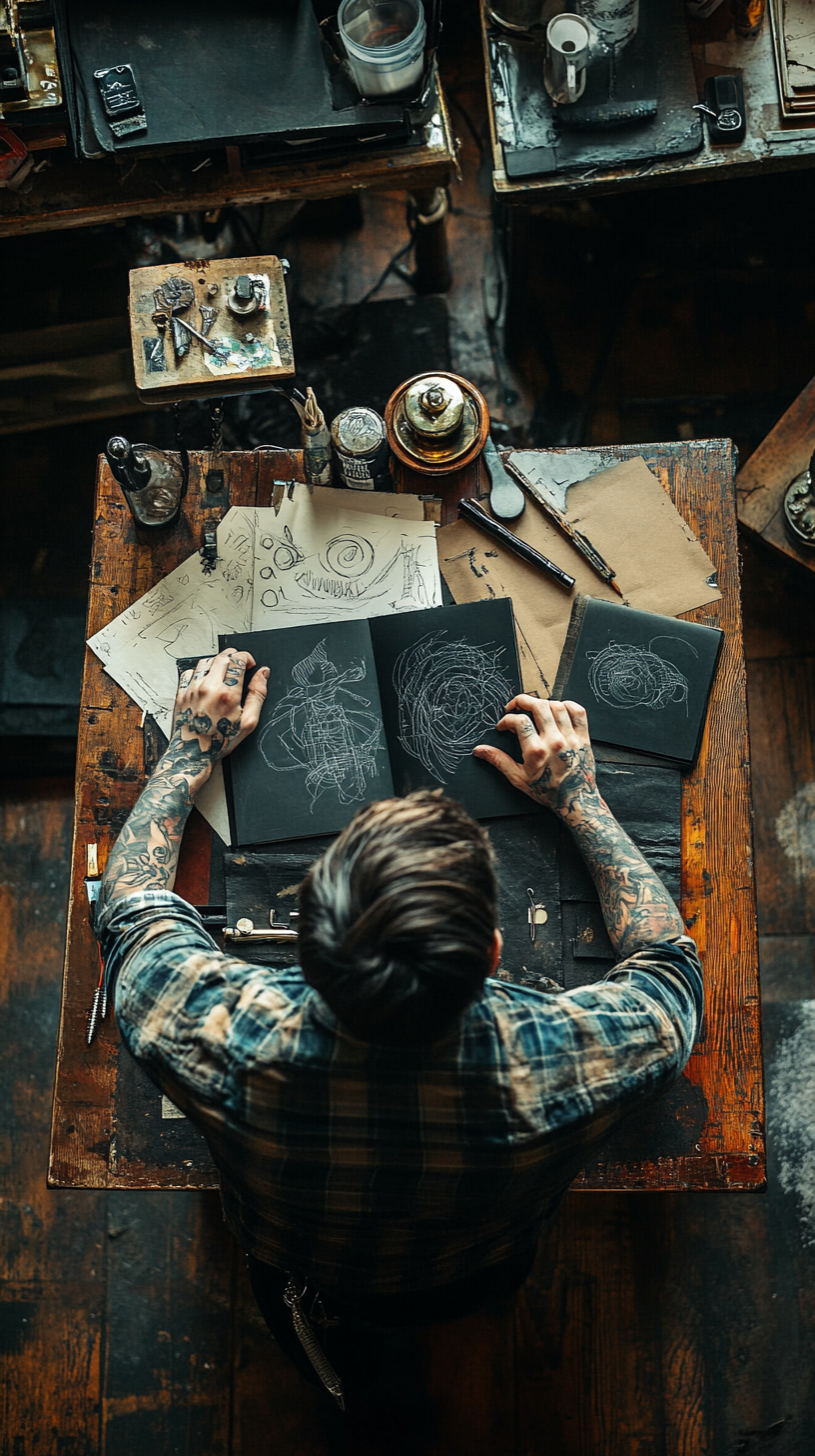 Tattoo artist sketching in book with sleeve tattoos