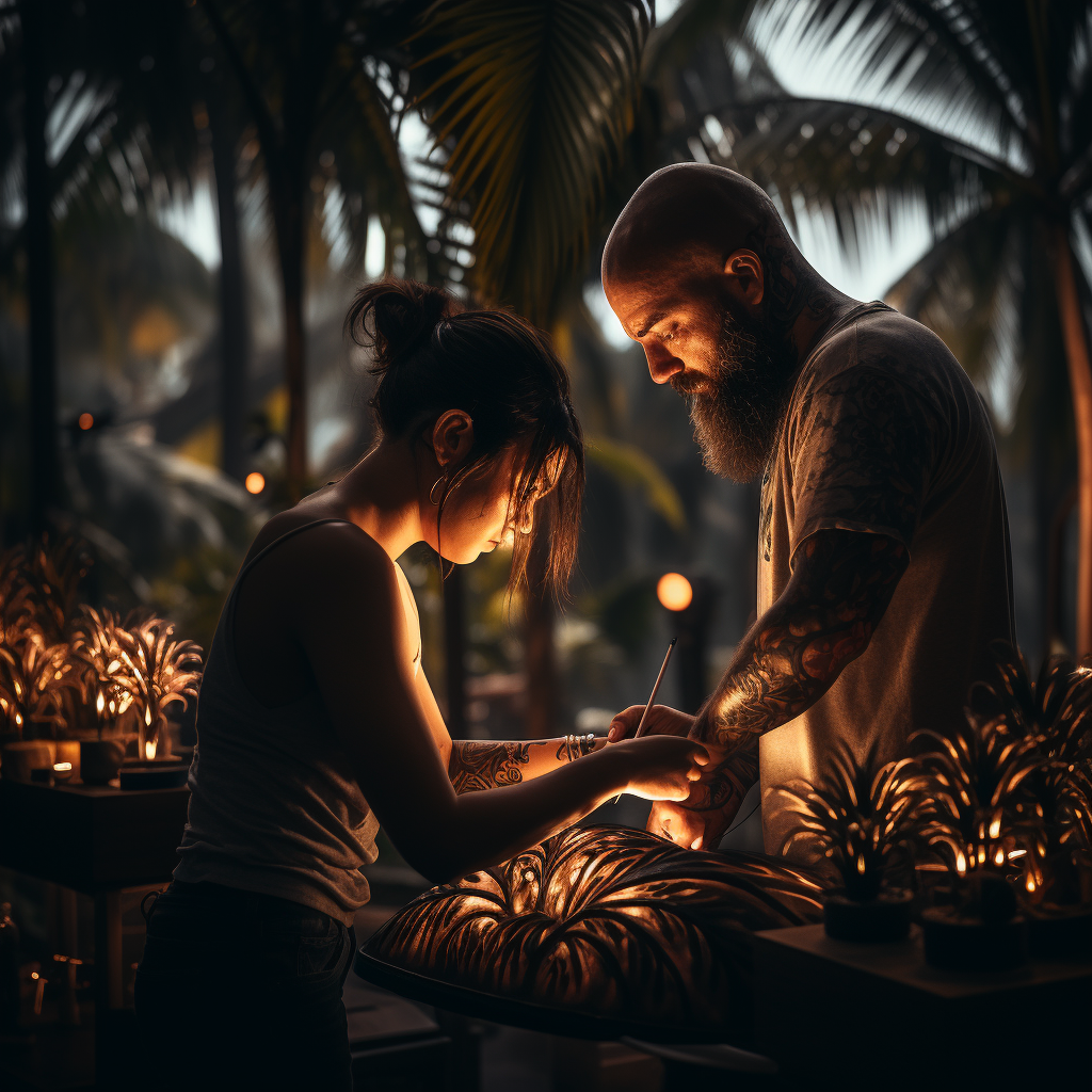 Tattoo artist tattoos palm trees on woman's arm.