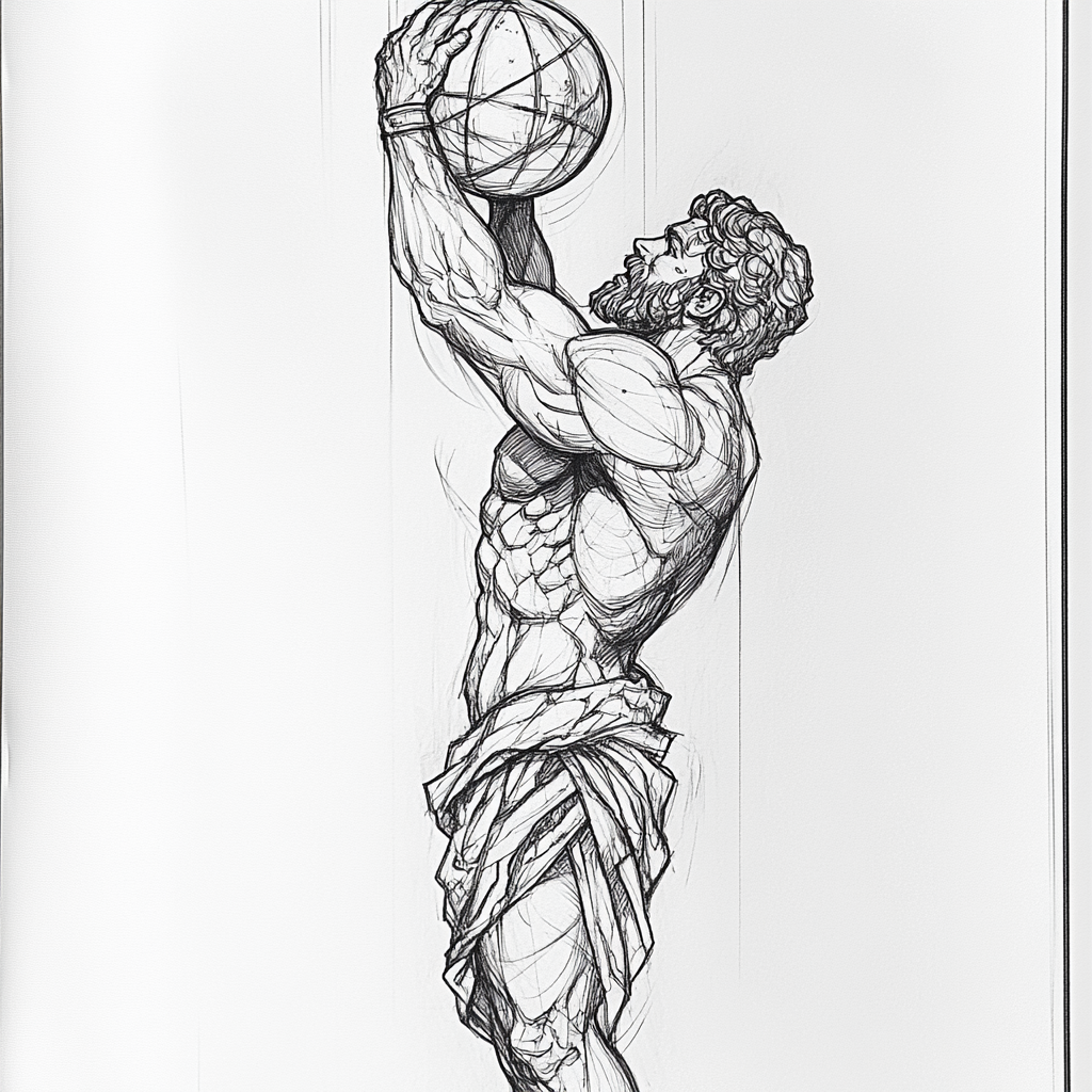 Tattoo design: Atlas holding Earth globe in fine line.