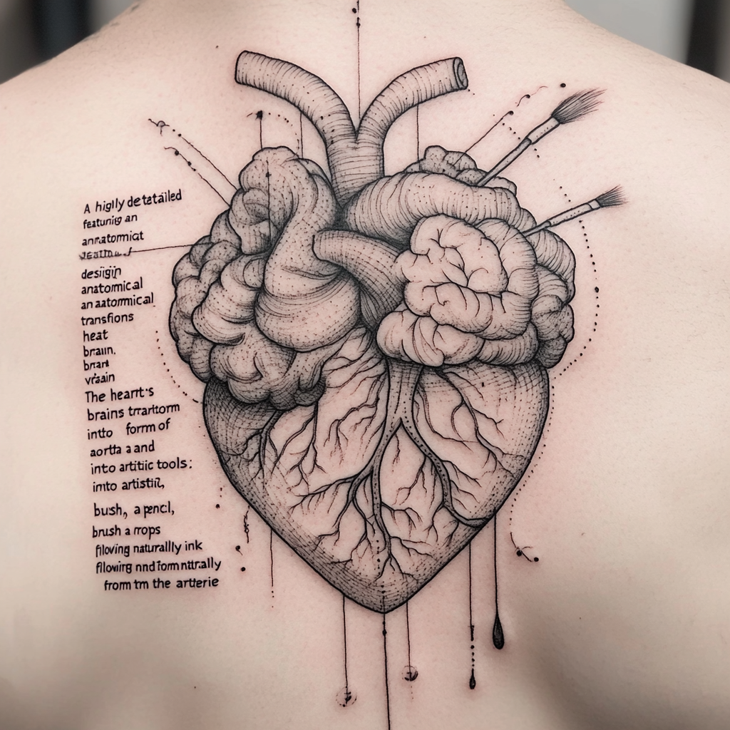 Tattoo of heart turning into brain, artistic tools.