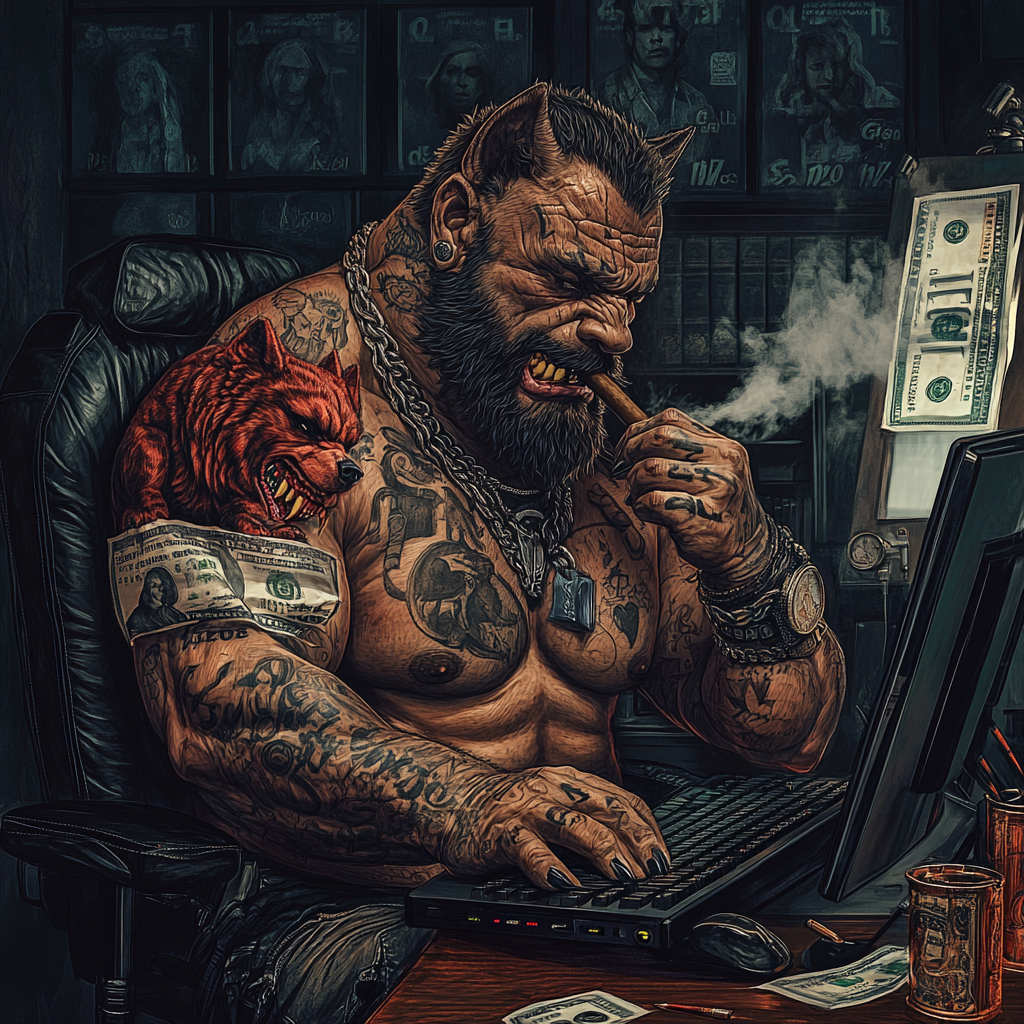 Tattoo of muscle man with wolf head, cigar.