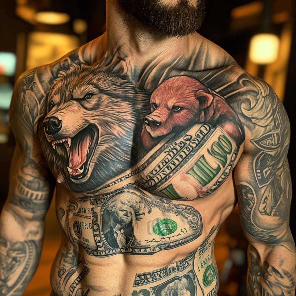 Tattoo of muscular wolf man with financial symbols.