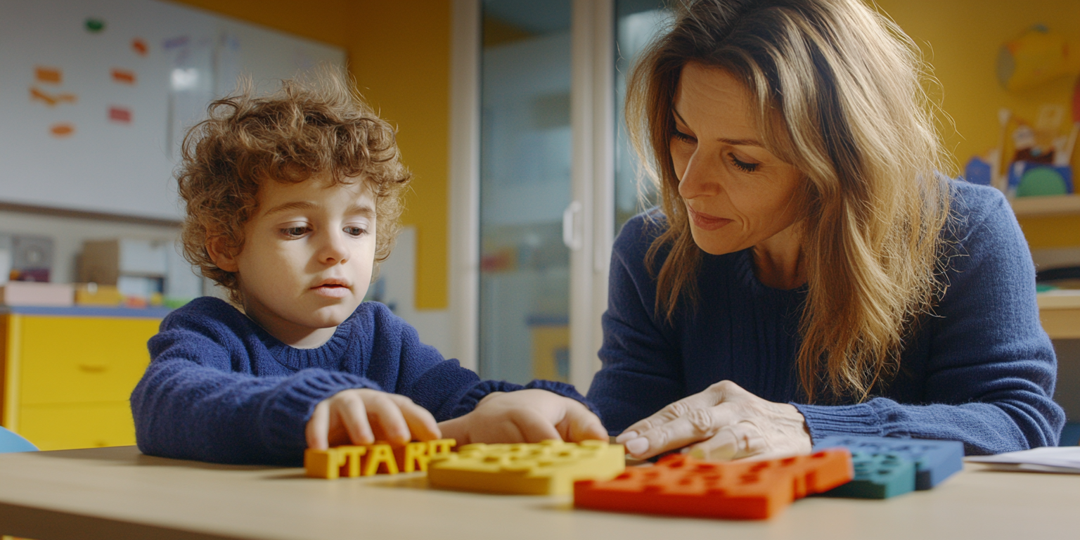 Teacher assisting visually impaired child with tactile learning materials.