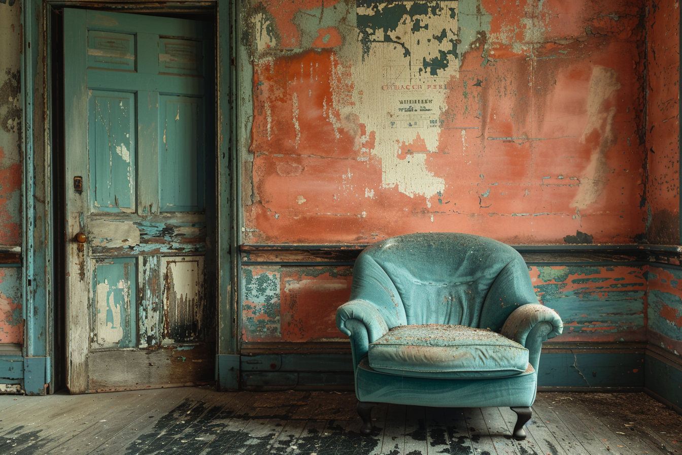 Teal chair on black floors with salmon walls