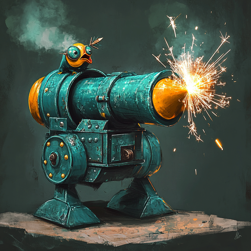 Teal-colored anthropomorphic canon about to explode a cannonball.