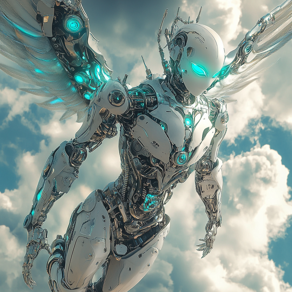 Teal-eyed robotic male Angel in silver clothing flying sky