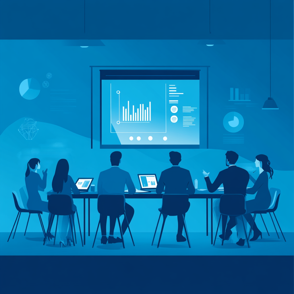 Team formation illustration around table, speaker with interactive screen.