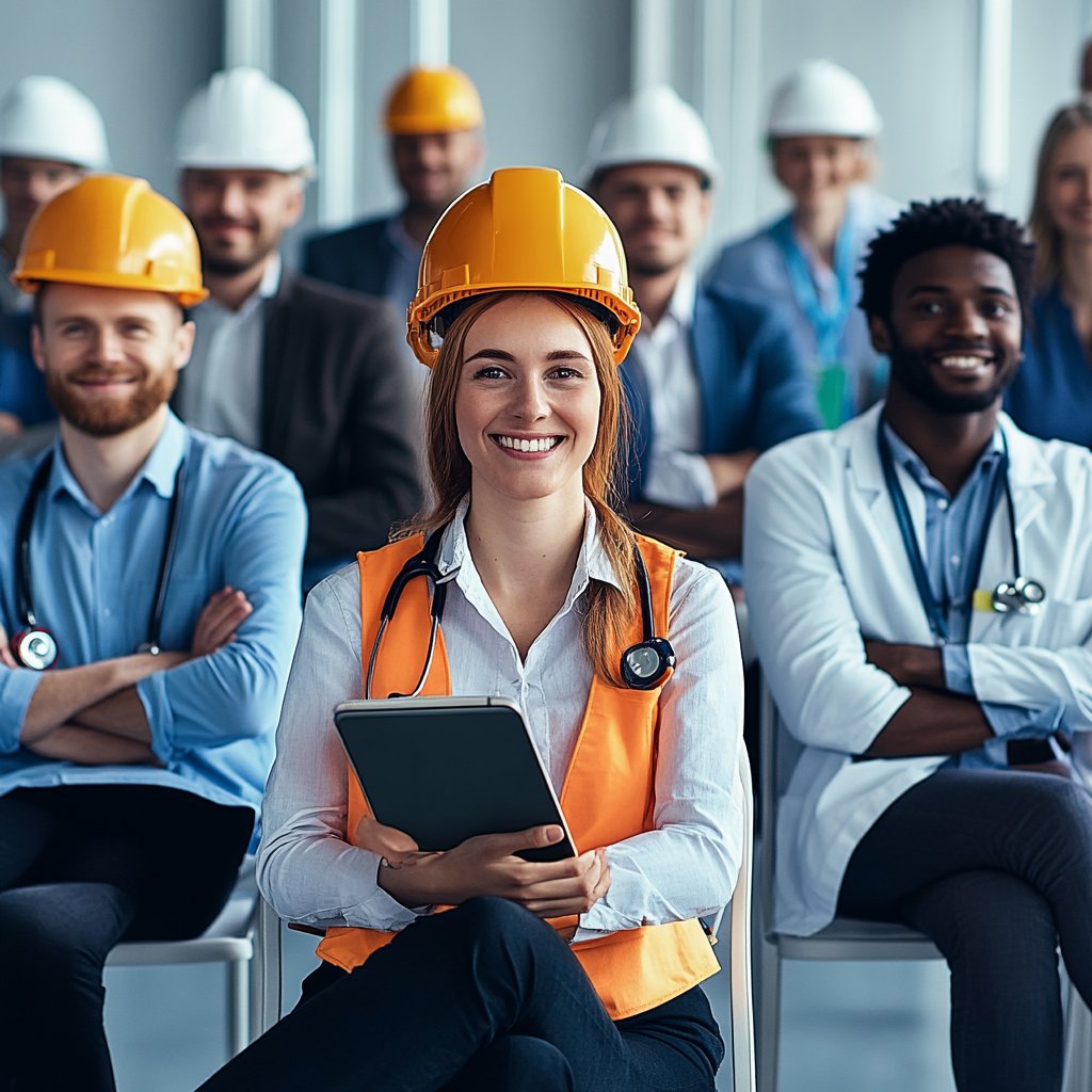 Team photo with empty chairs holding job tools.