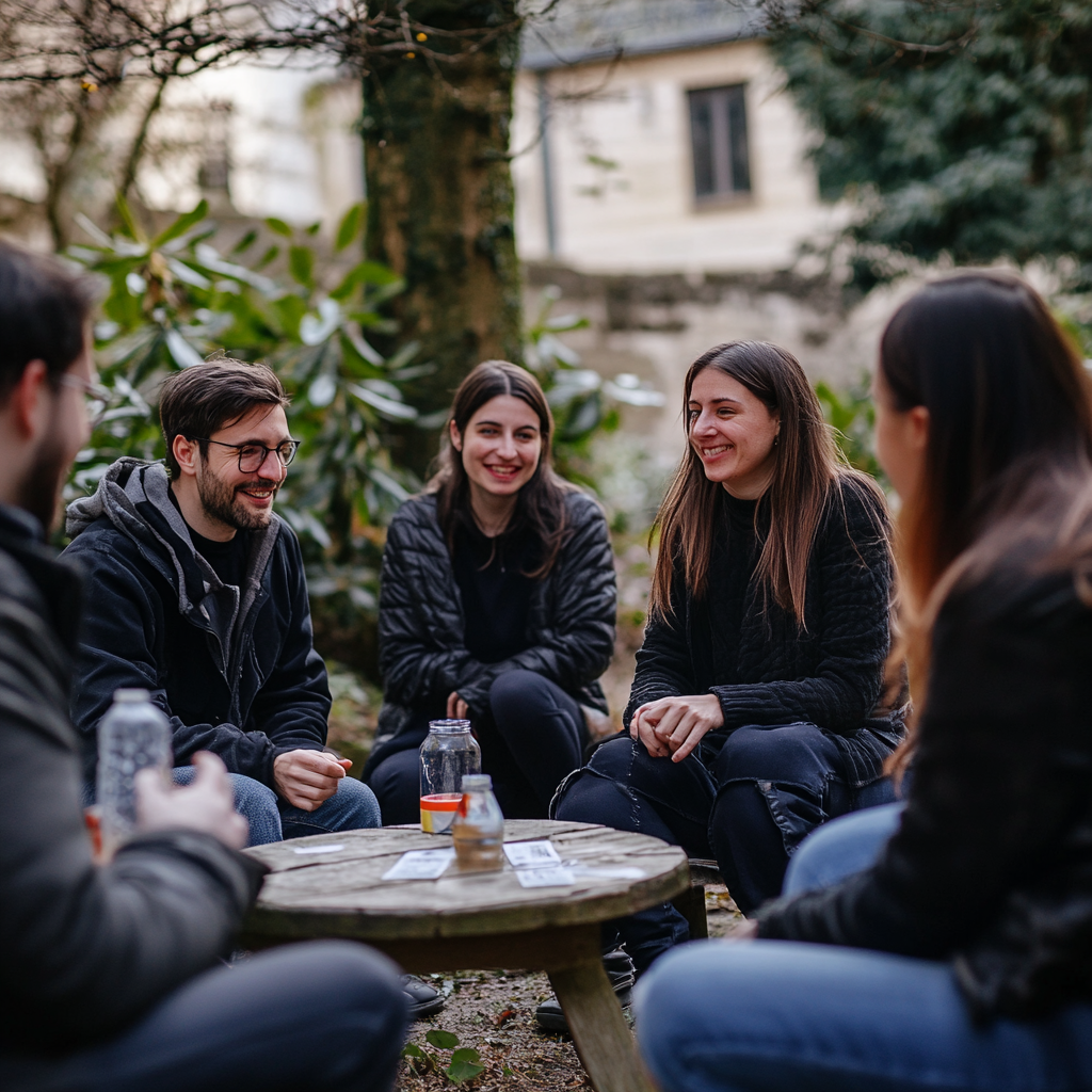 Teambuilding in Luxembourg, enigma game, outdoor group photography.