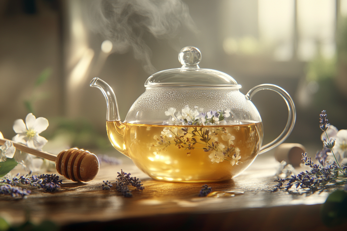 Teapot with Lavender Tea and Honey on Table