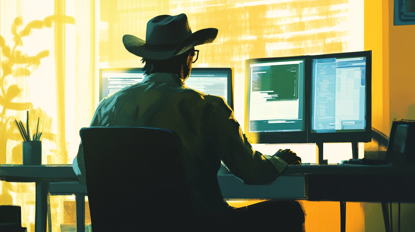 Tech person with cowboy hat at colorful desk.