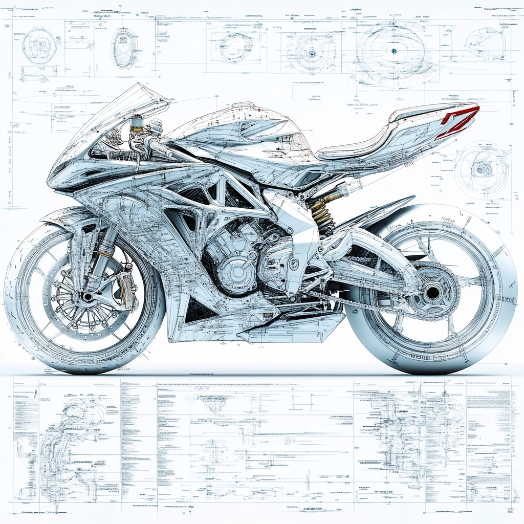 Technical blueprint, exploded view, high performance motorcycle. MV Agusta F4 RC, technical drawing, high tech.