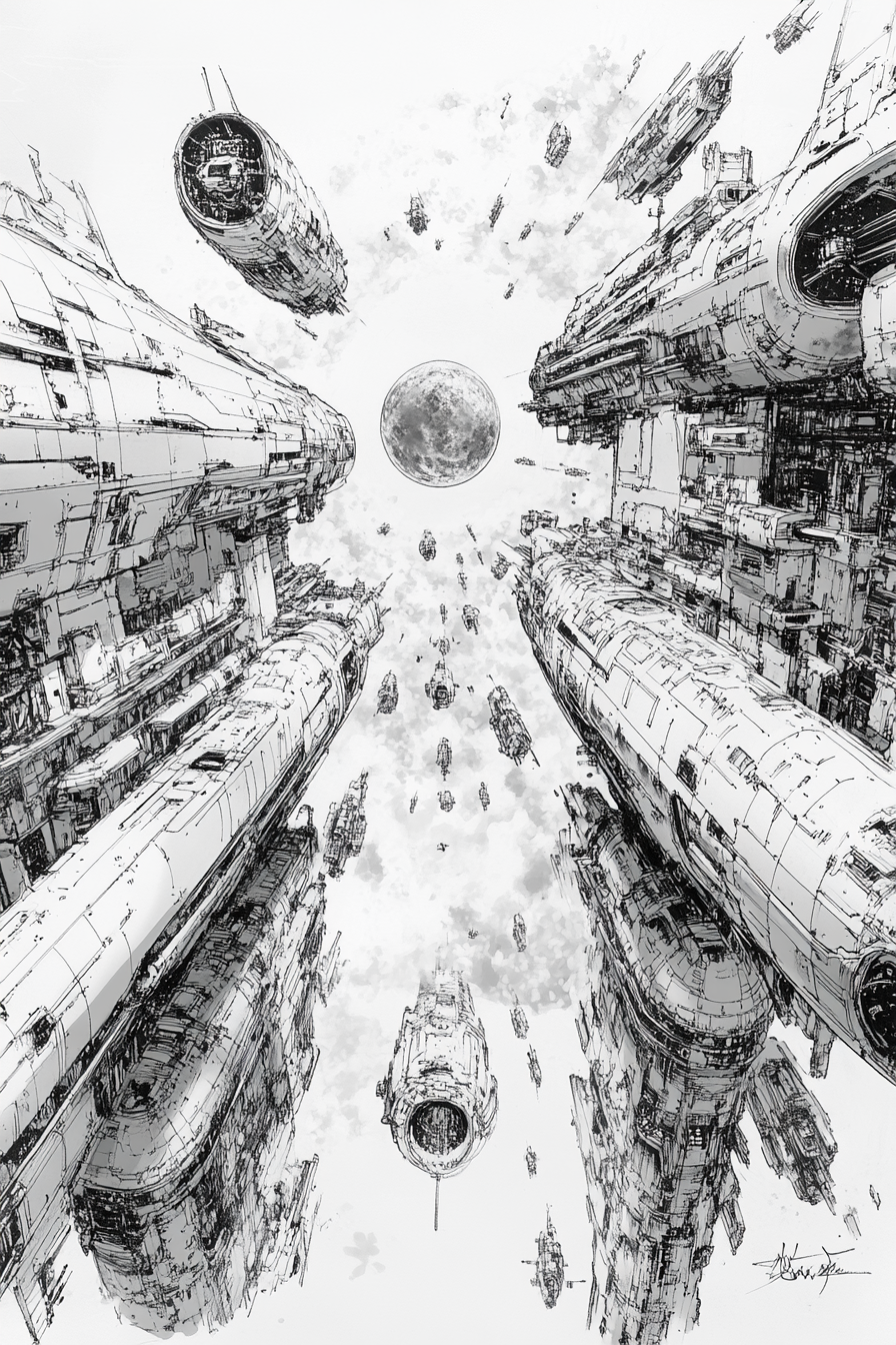 Technical pen sketch of war spacecraft armada, fisheye perspective.