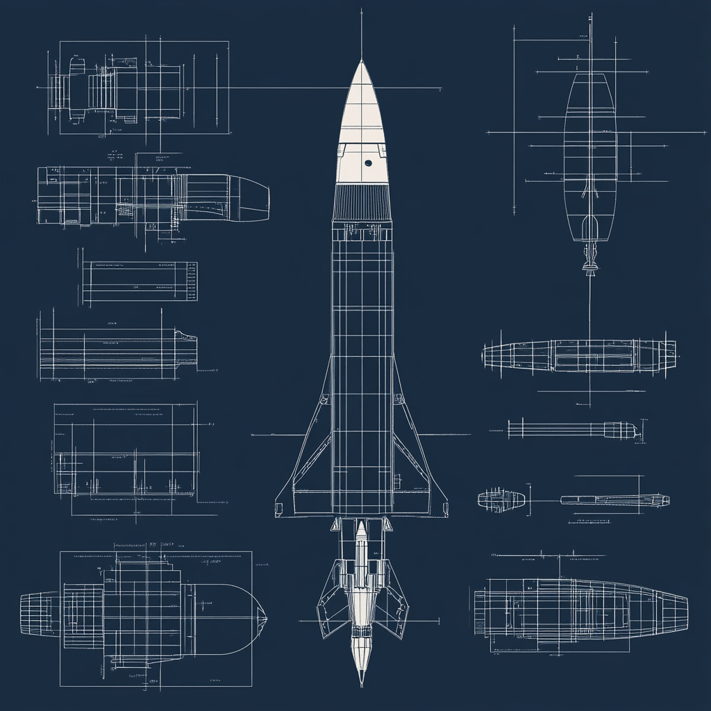 Technical rocket diagram with some color, stylized blueprint schematic.