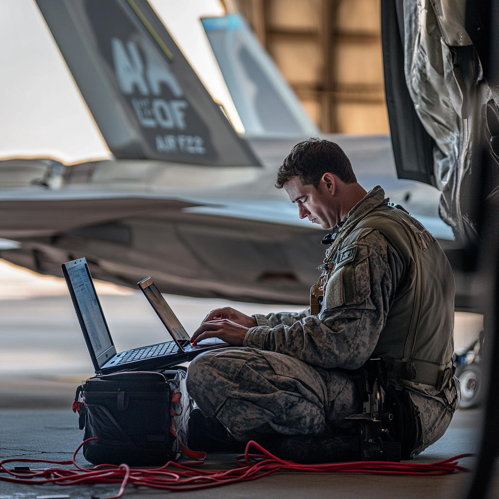 Technician tests F-22 with laptop at Air Force Base.