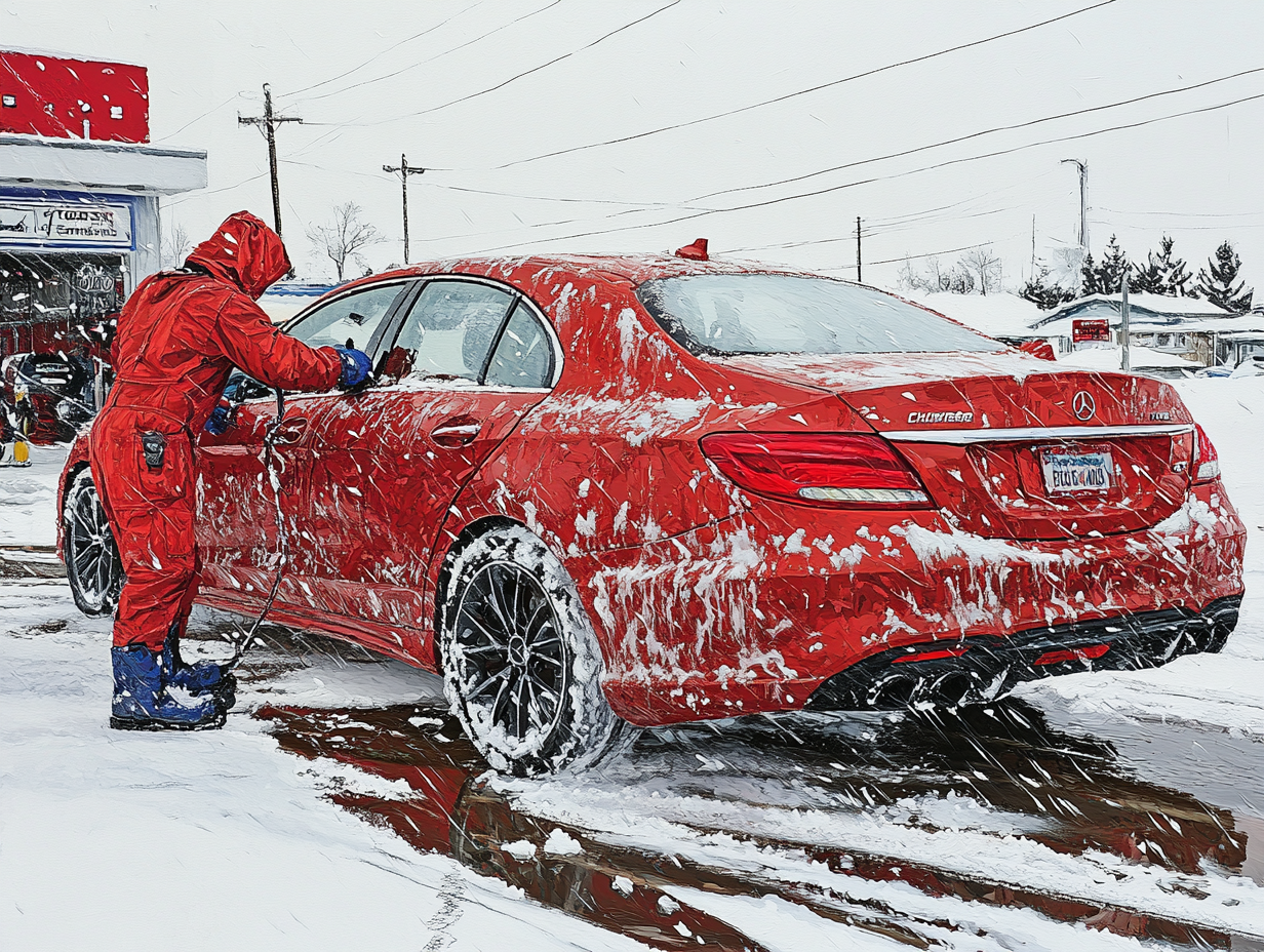 Technicians in blue, red, white fixing cars for winter.