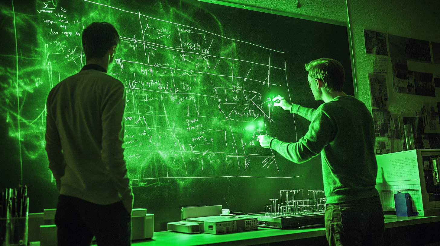 Technologists solving problems with glowing green equations