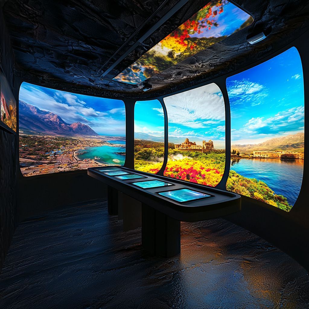 Technology and nature-themed virtual reality tourism booth.