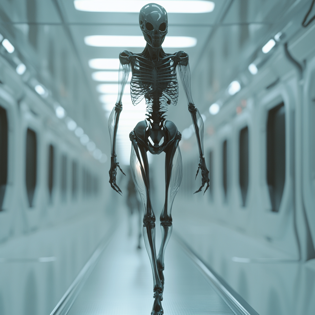 Techy alien with silicone ribcage runs through corridor.