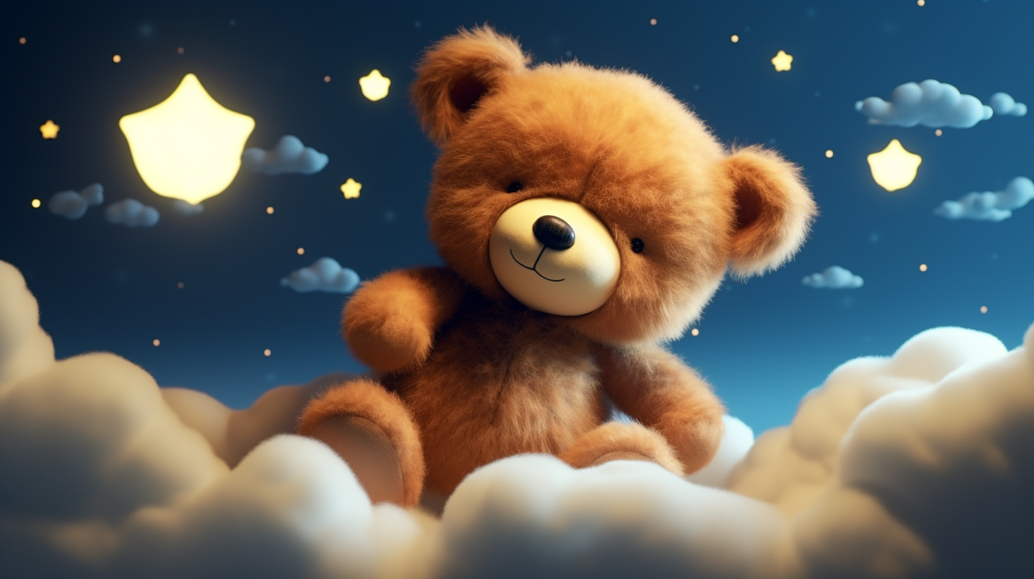 Teddy bear cartoon sleeping on clouds under moon and stars.