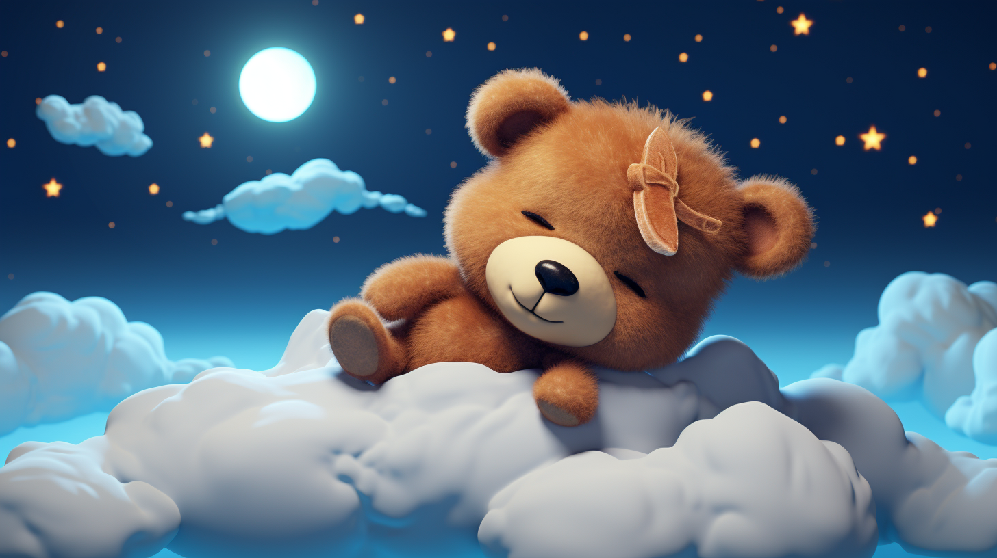 Teddy bear cartoon sleeping on clouds with moon and stars.