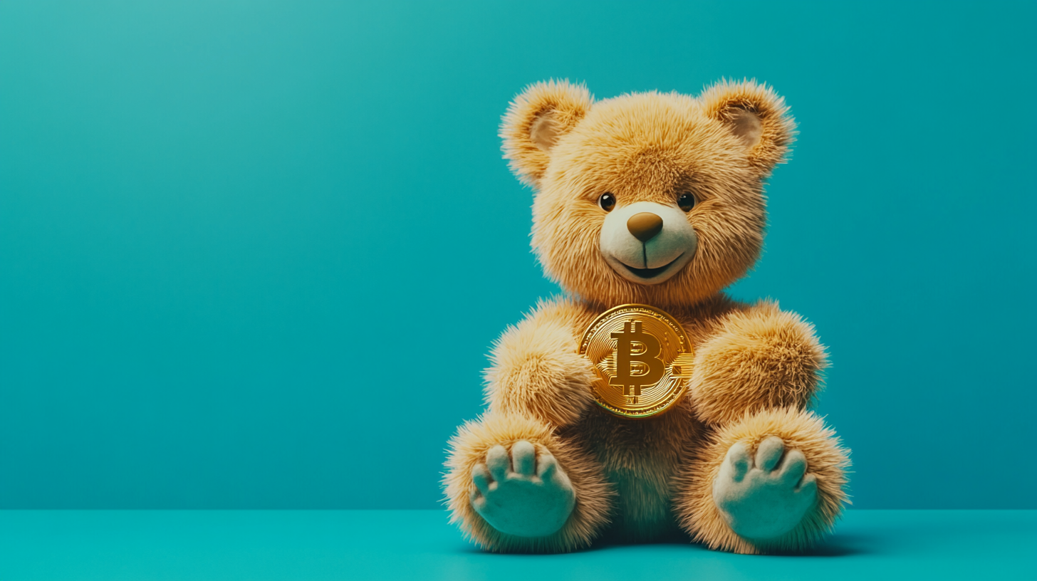 Teddy bear holding ethereum coin on bright background.