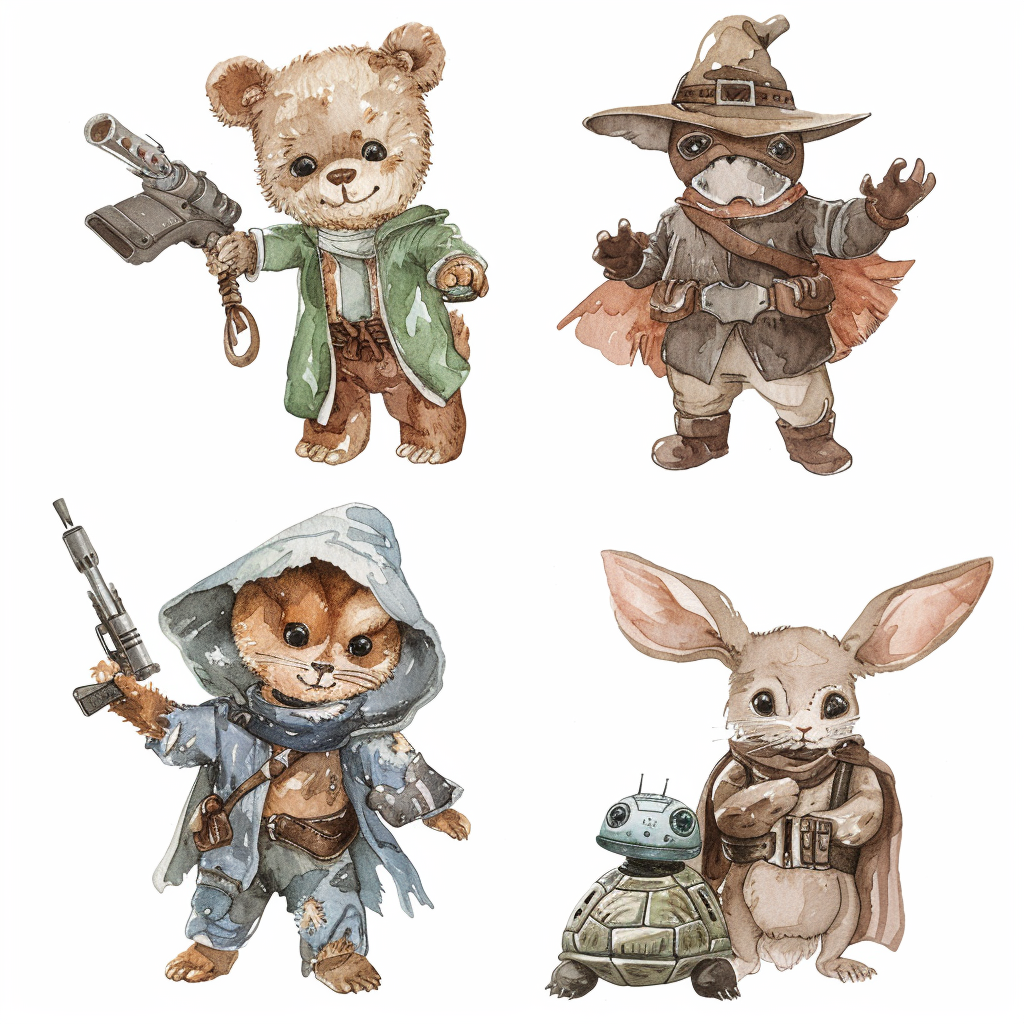 Teddy bear jedi, rabbit superhero, puppy bandit, turtle robot.