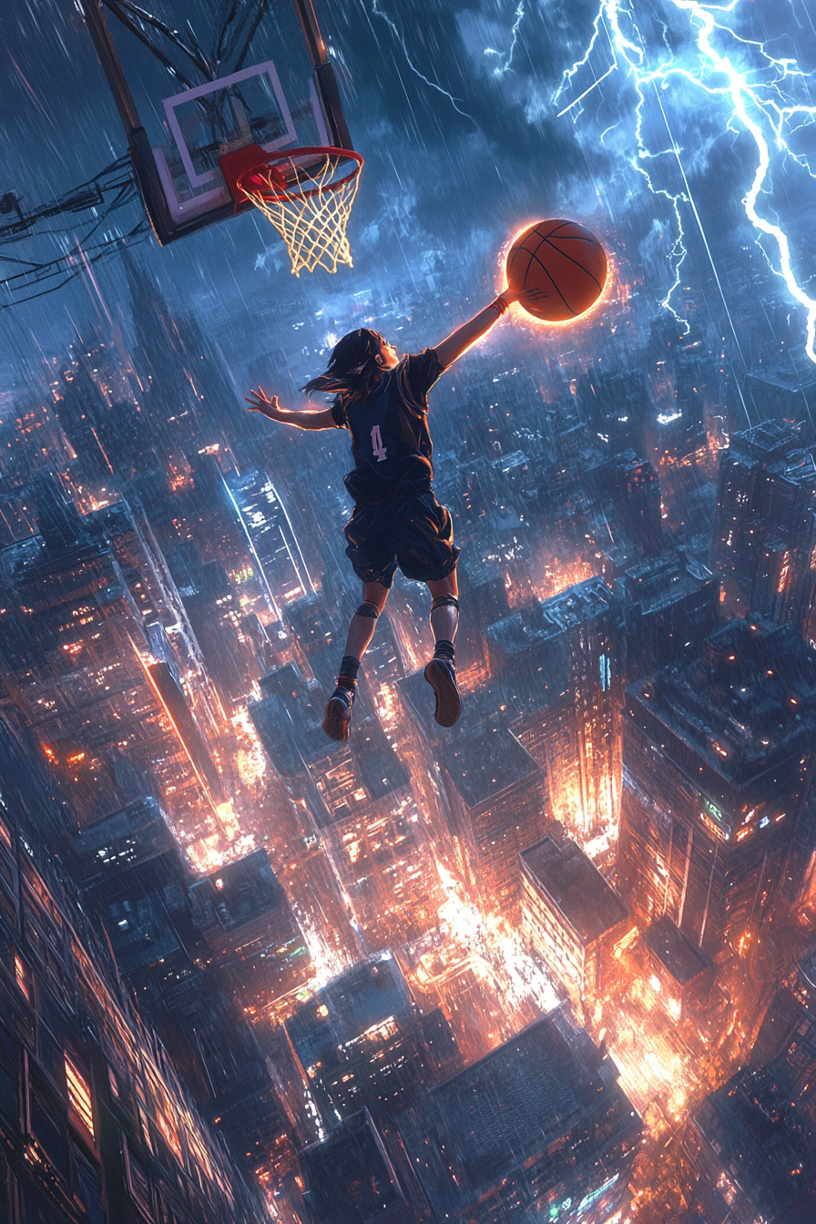 Teen Female Superhero Astra Dunking Electrified Basketball in Dystopian City