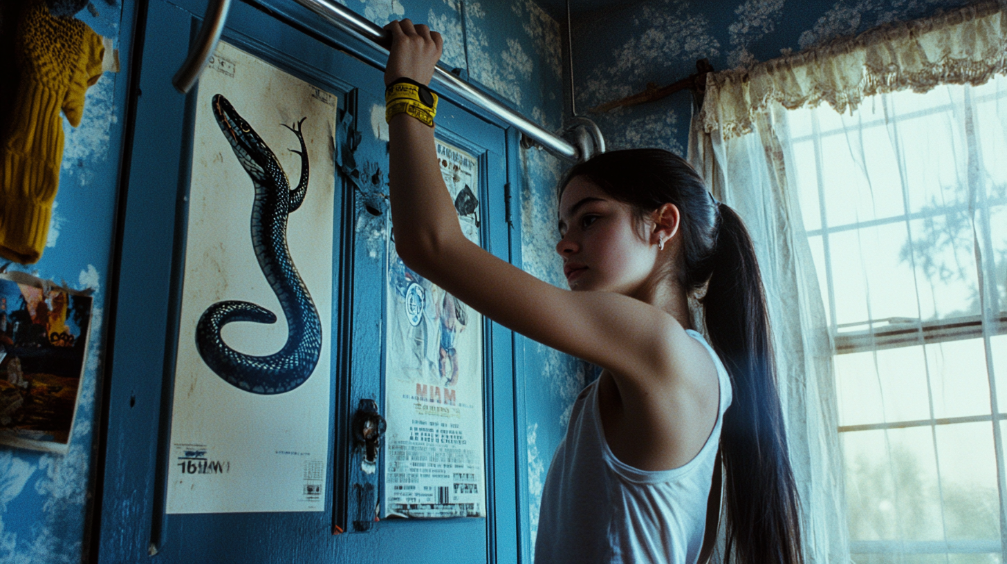 Teen Girl Hits Snake Poster with Gymnastics Grips