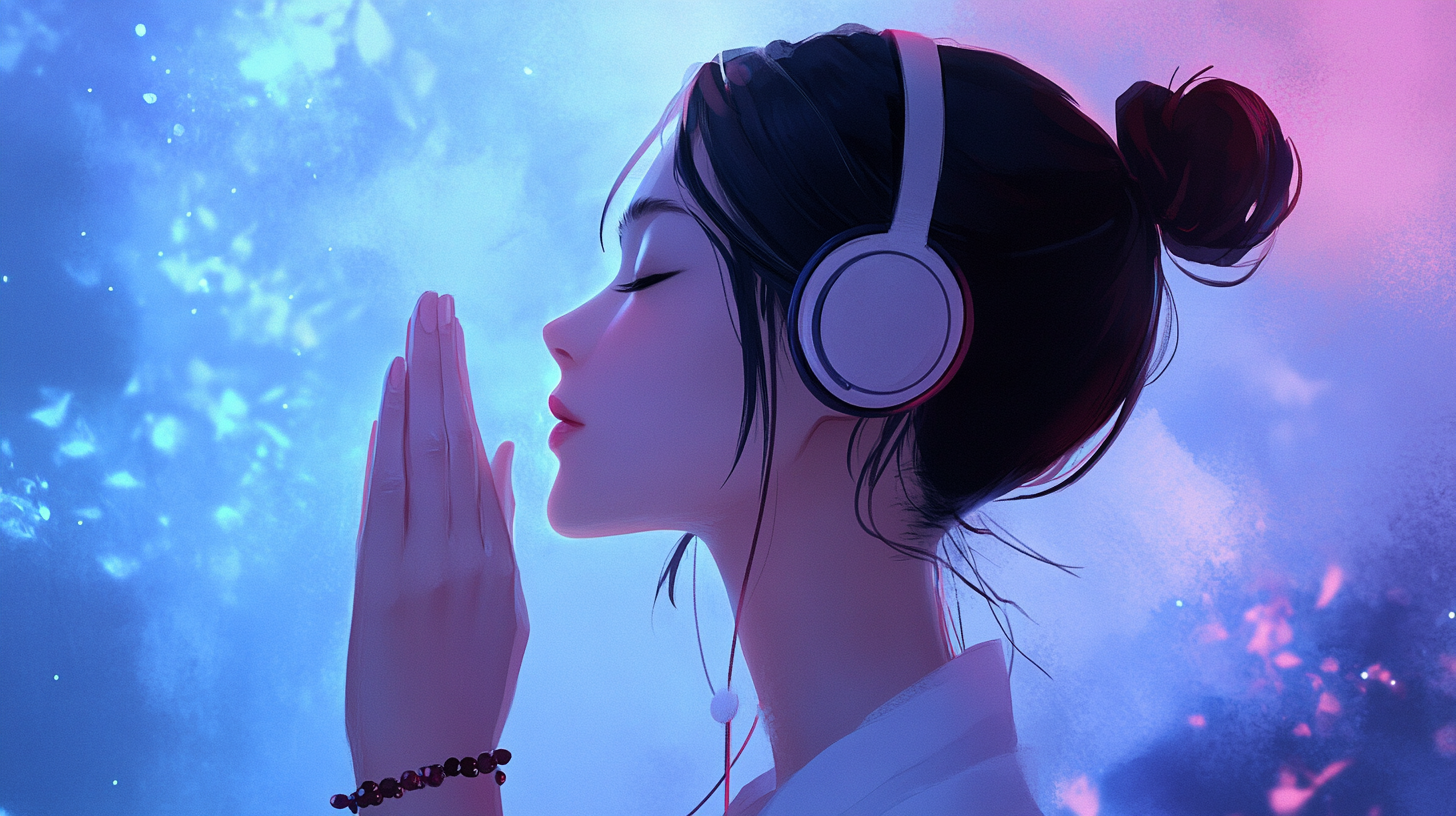 Teen Korean girl immersed in music, serene background