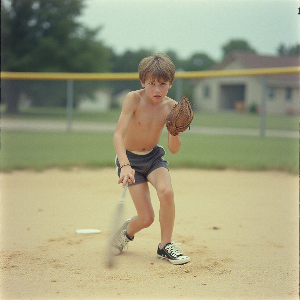 Teen Playing Baseball in 1980s Suburb Summer