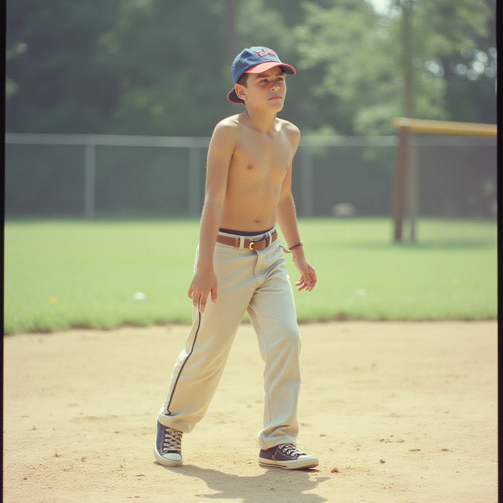Teen Playing Baseball in 1980s Suburb