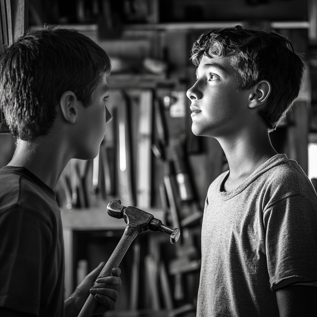 Teen boy in workshop looking up at mentor holding hammer.