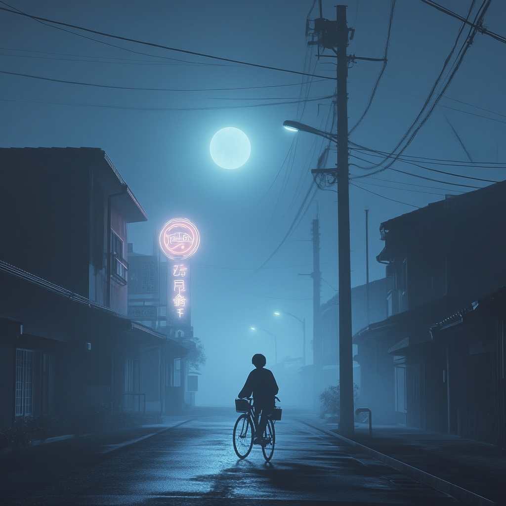 Teenage Boy Riding Bicycle on Quiet Moonlit Street