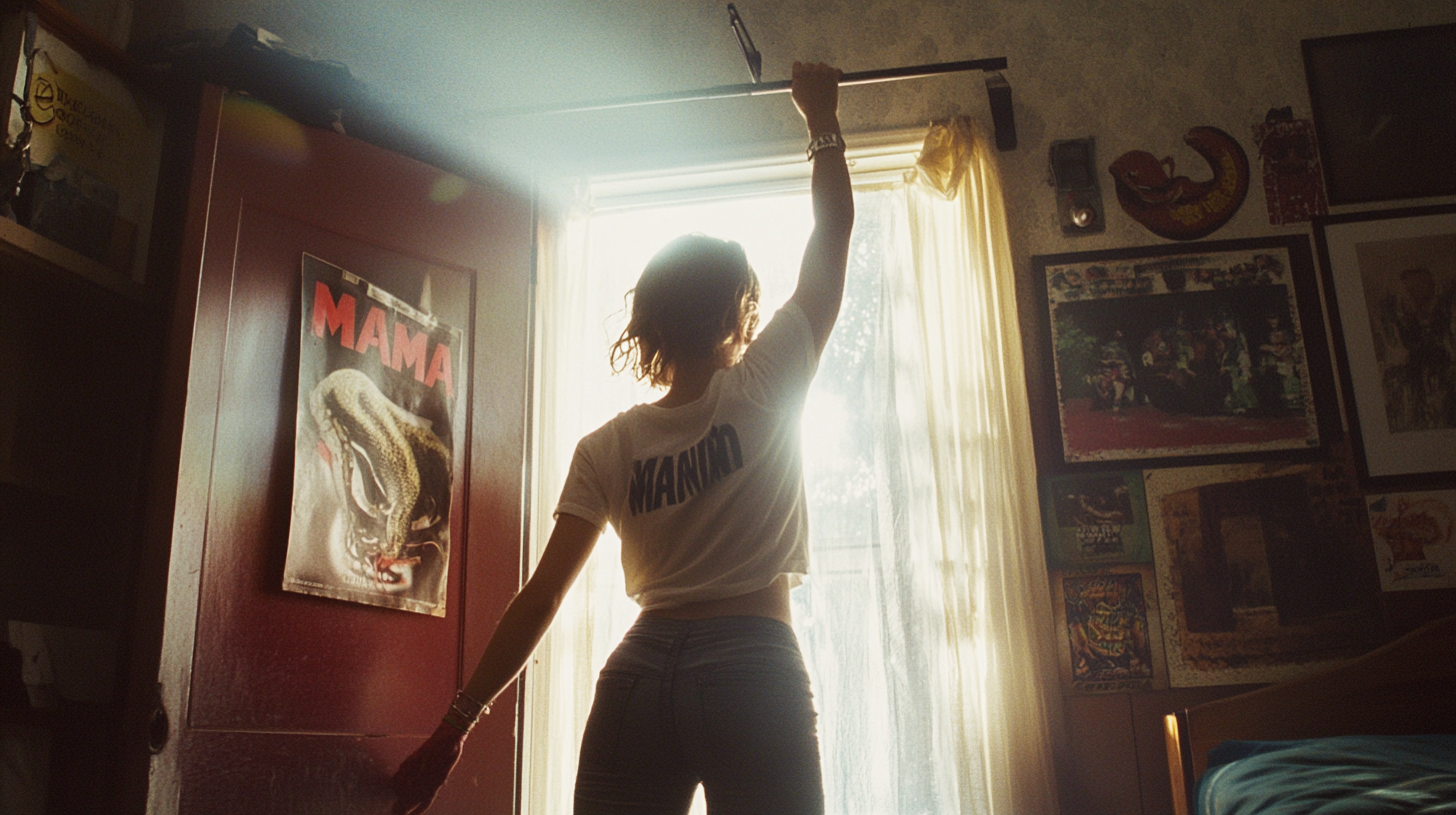 Teenage Gymnast Slaps Mamba Poster in Sunlit Room