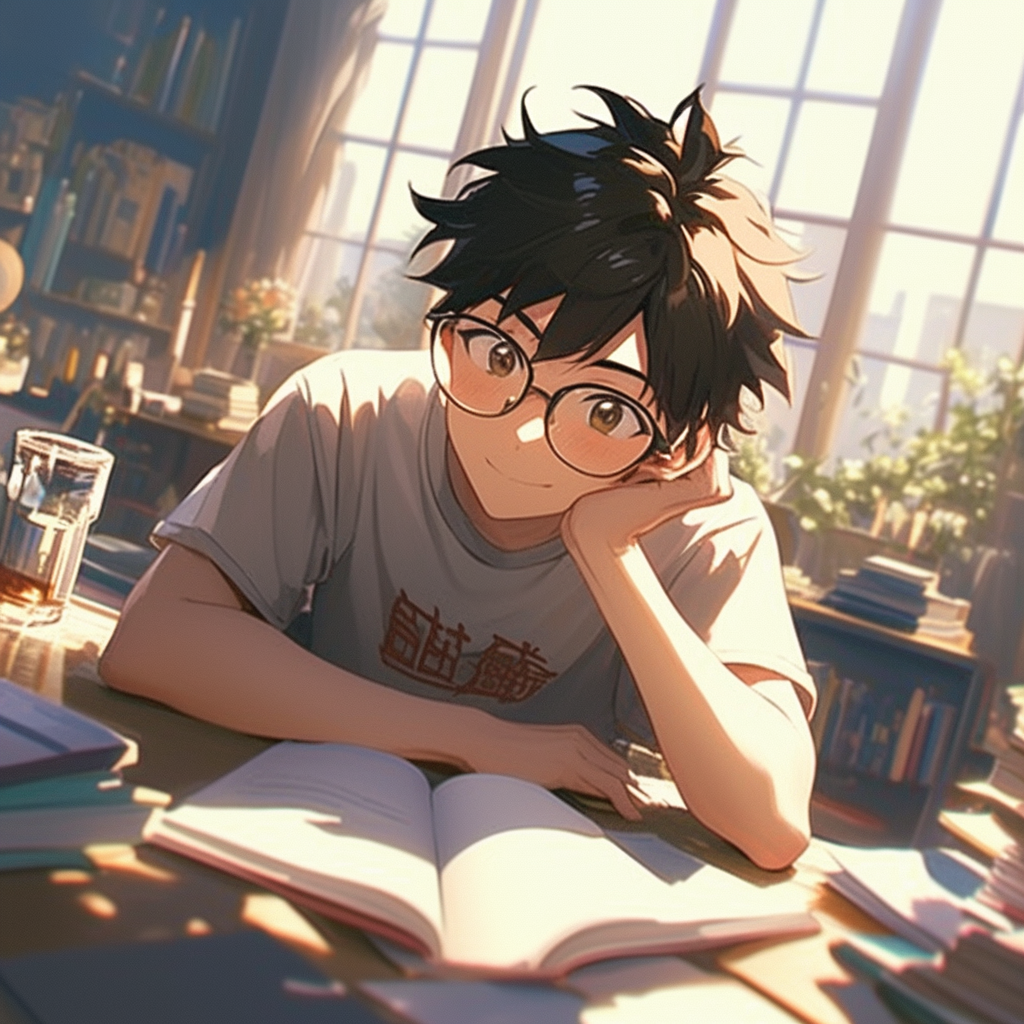 Teenage Male Studying at Home, Anime Character