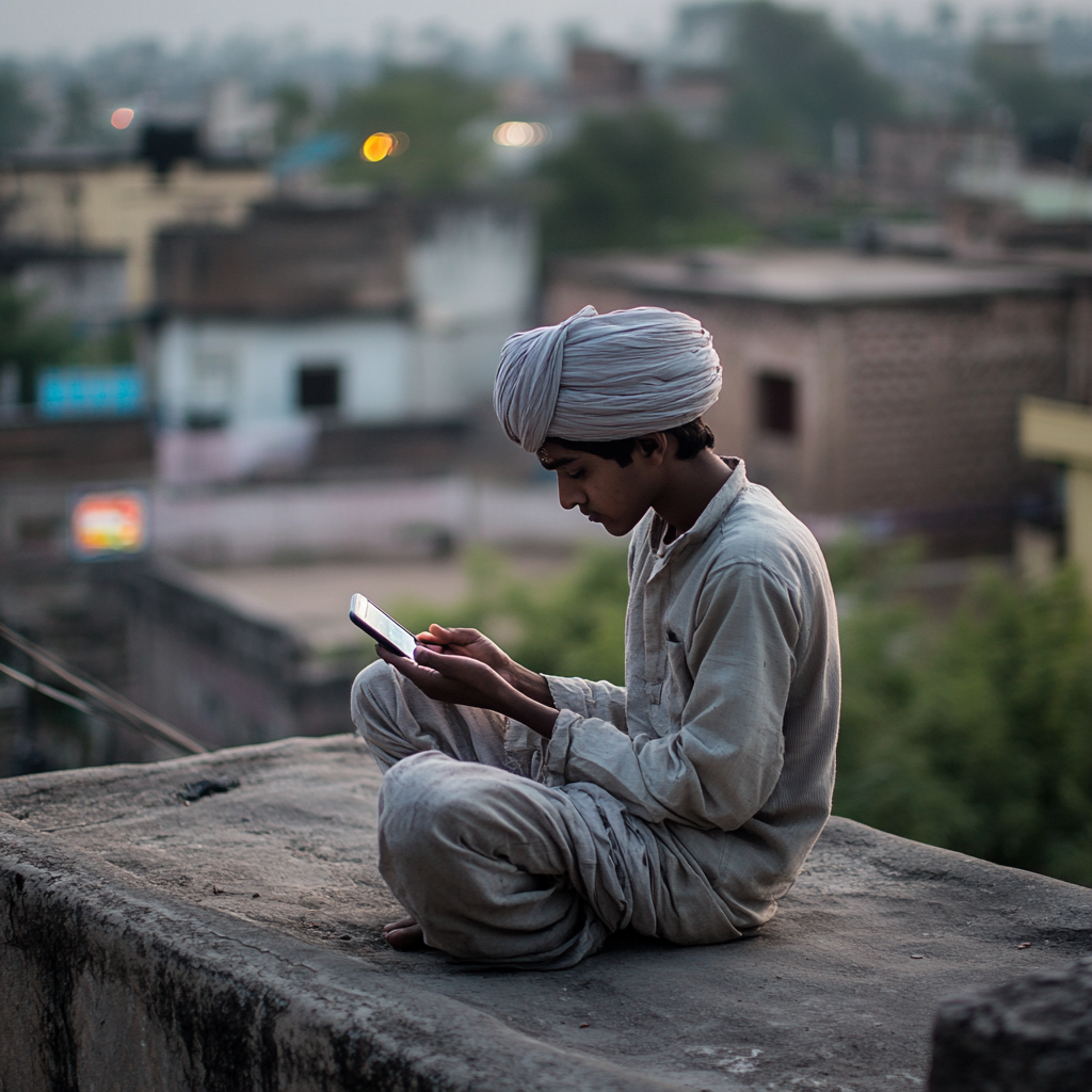 Teenage Turbaned Man on Indian Village Rooftop with Smartphone.