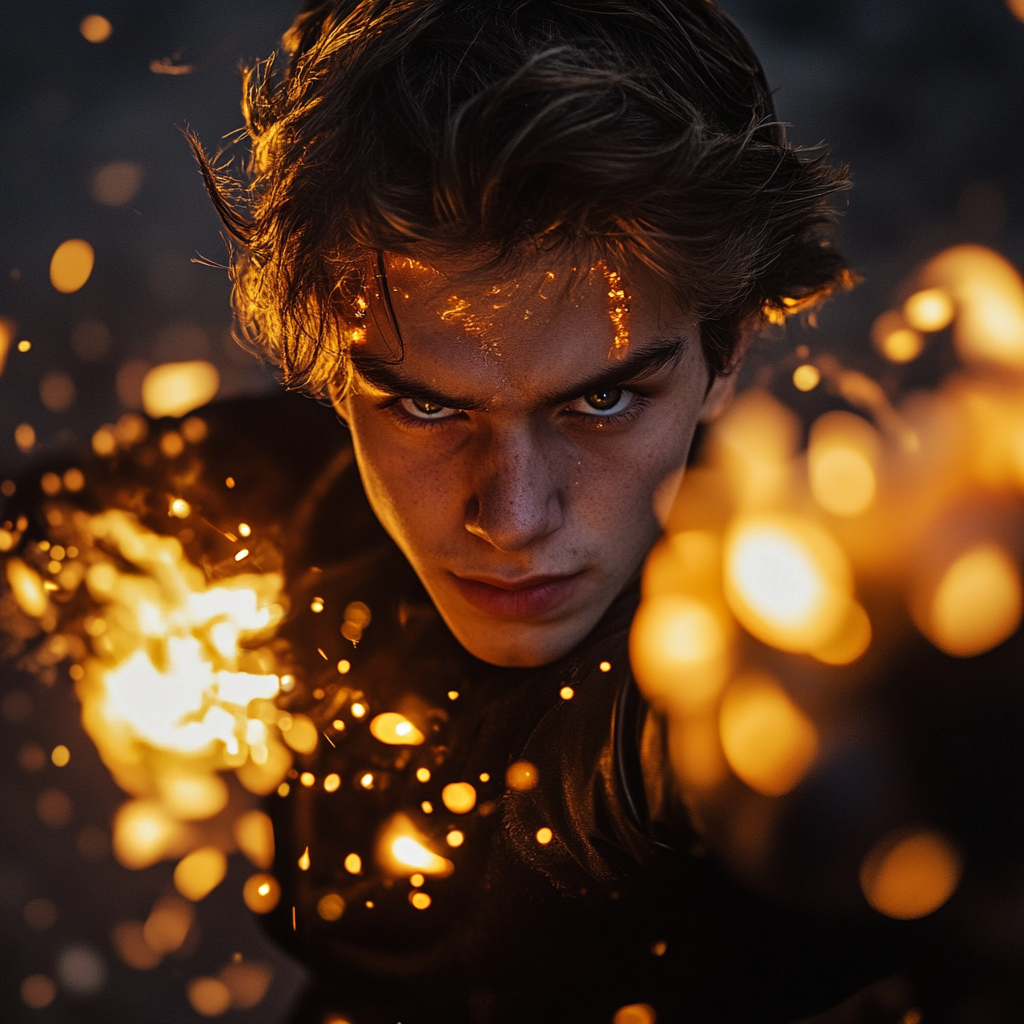 Teenage boy controlling fire, throwing fireballs with intense gaze.